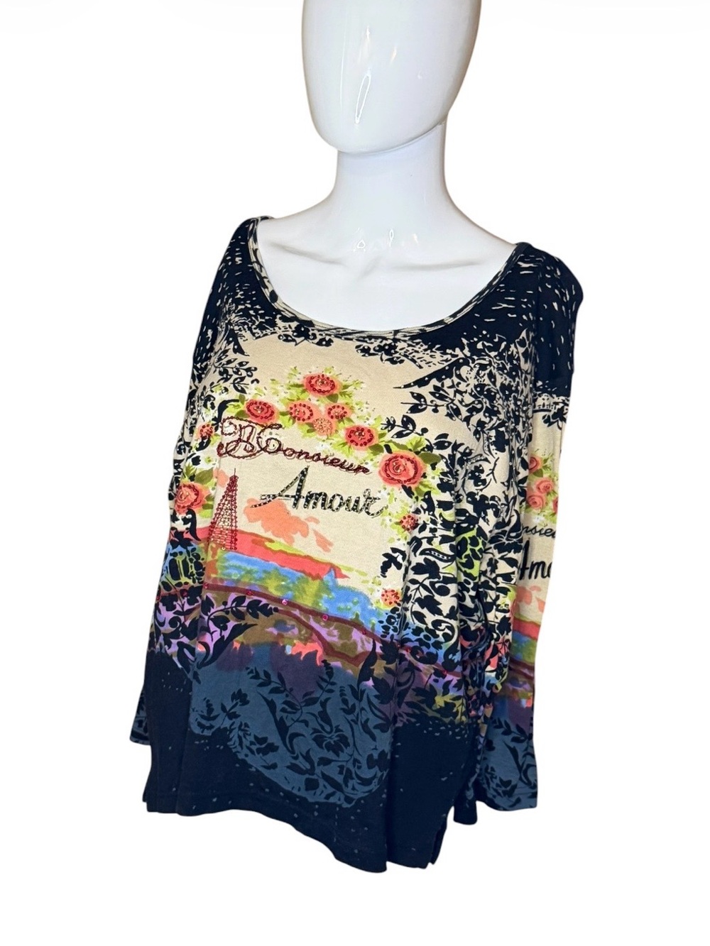 Jane Ashley Navy, Cream & Pink Scenic Floral Scoop Neck Top